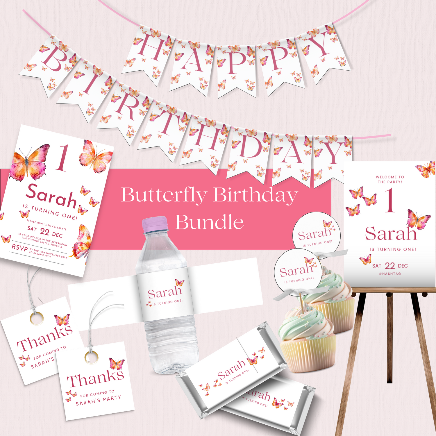 Birthday Party Stationery Template Bundle - Butterflies